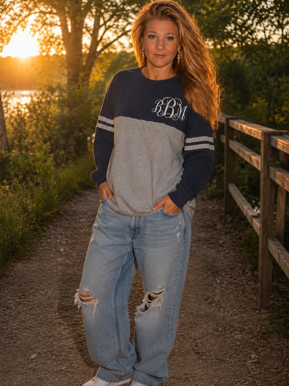 Monogram Long-Sleeve Colorblock Sweatshirt - Navy/Gray